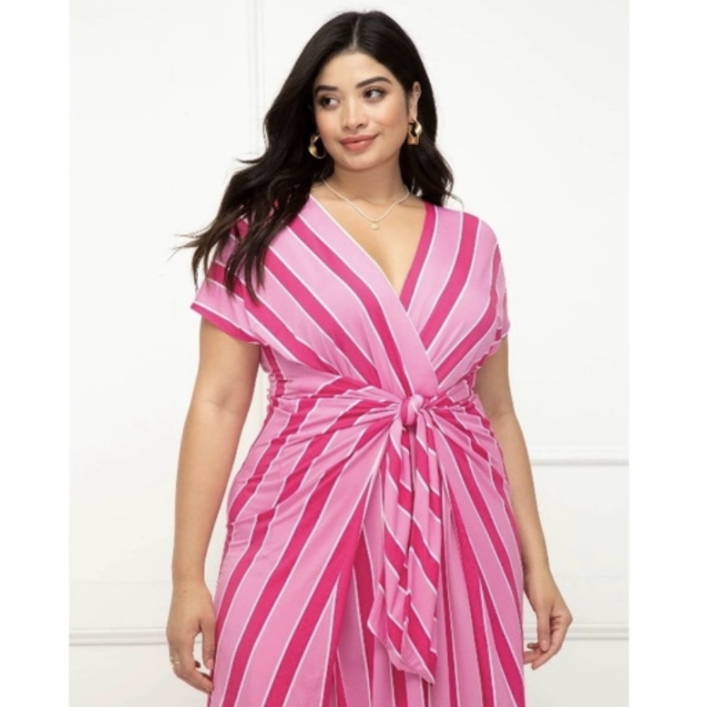 Eloquii Pink Striped Twist-Front Midi Dress - Picture 4 of 6